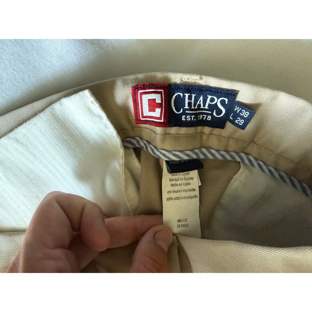 Chaps Mens Chino Pants 38x29 Khaki Tan Flat Front Casual Dress Trousers Cotton - Picture 3 of 4